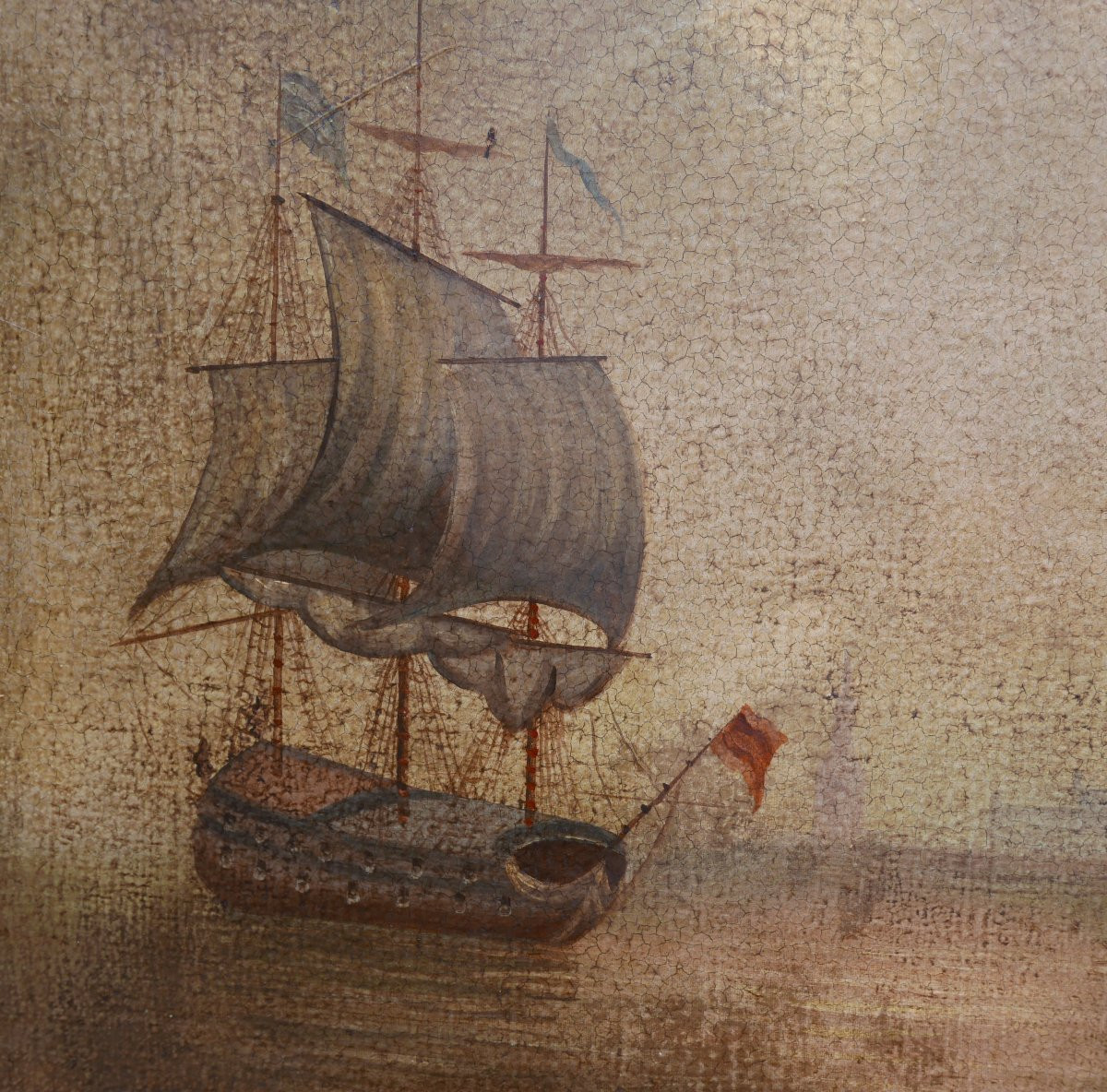 19th Century Oil/canvas Marine Port Scene Painting-photo-3