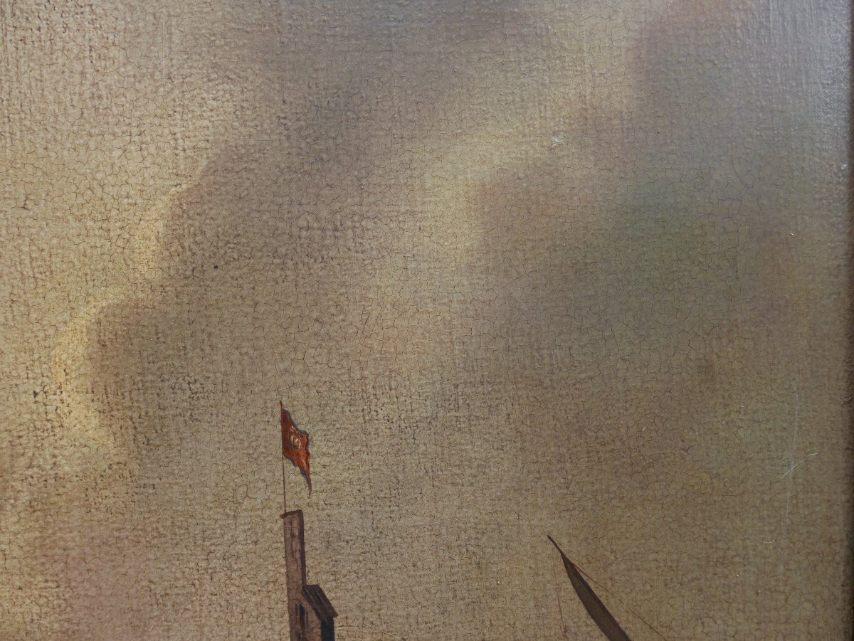 19th Century Oil/canvas Marine Port Scene Painting-photo-4