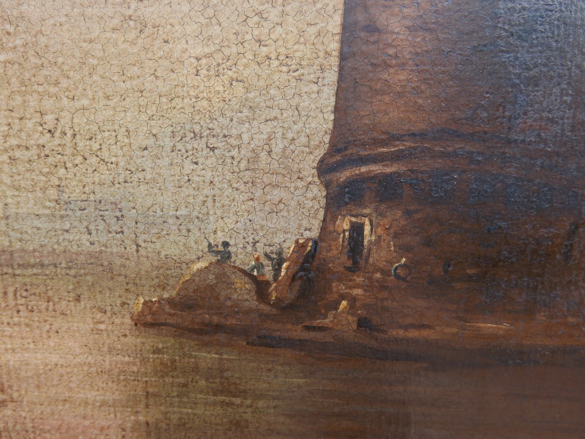 19th Century Oil/canvas Marine Port Scene Painting-photo-5