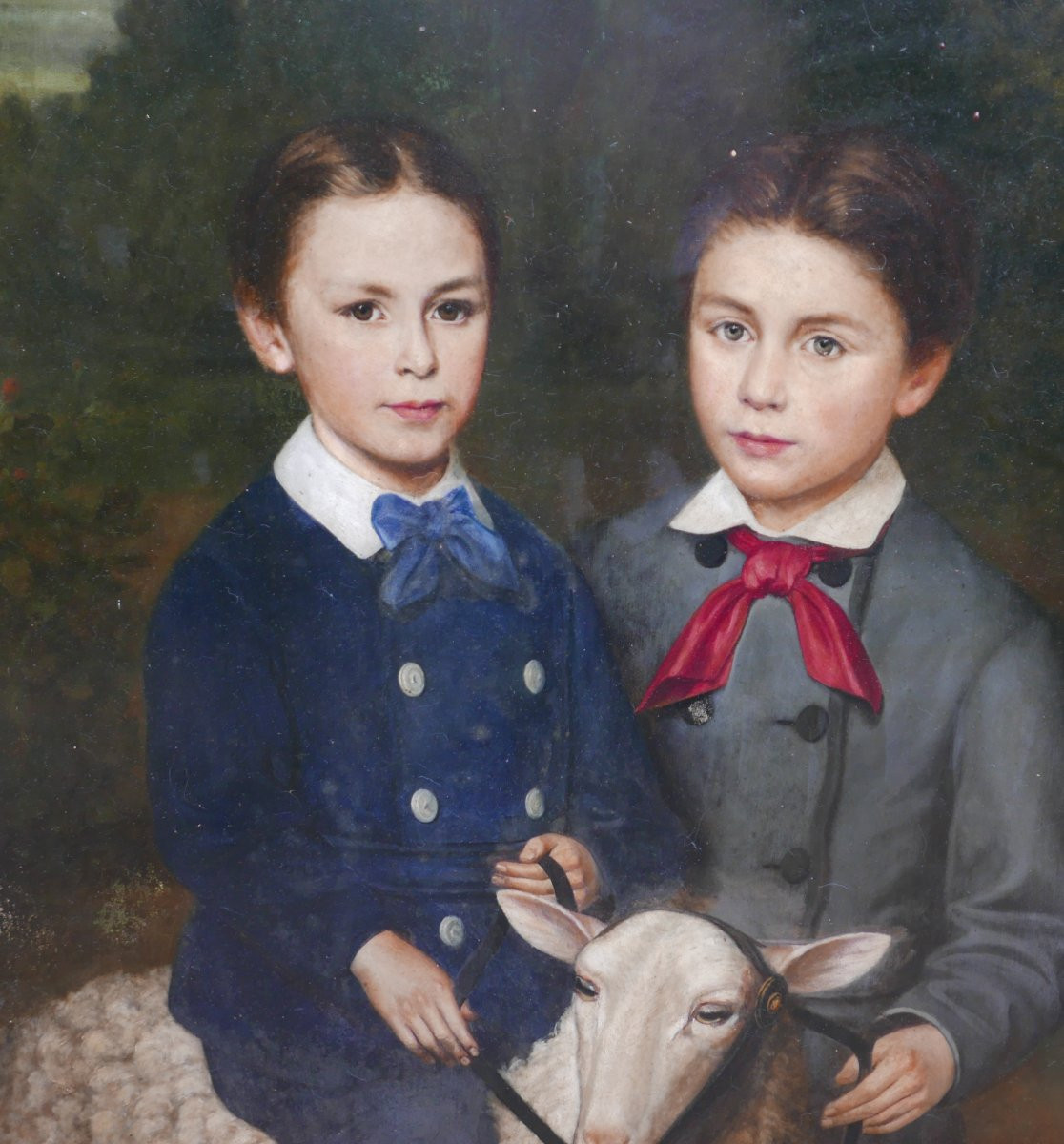 Large Portrait Of Young Men With Sheep Oil/panel From The 19th Century-photo-4