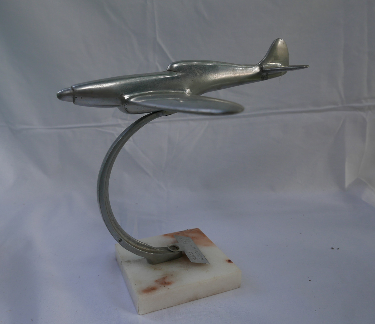 Antique Aviation Trophy - Metal Airplane On Marble Base 20th Century