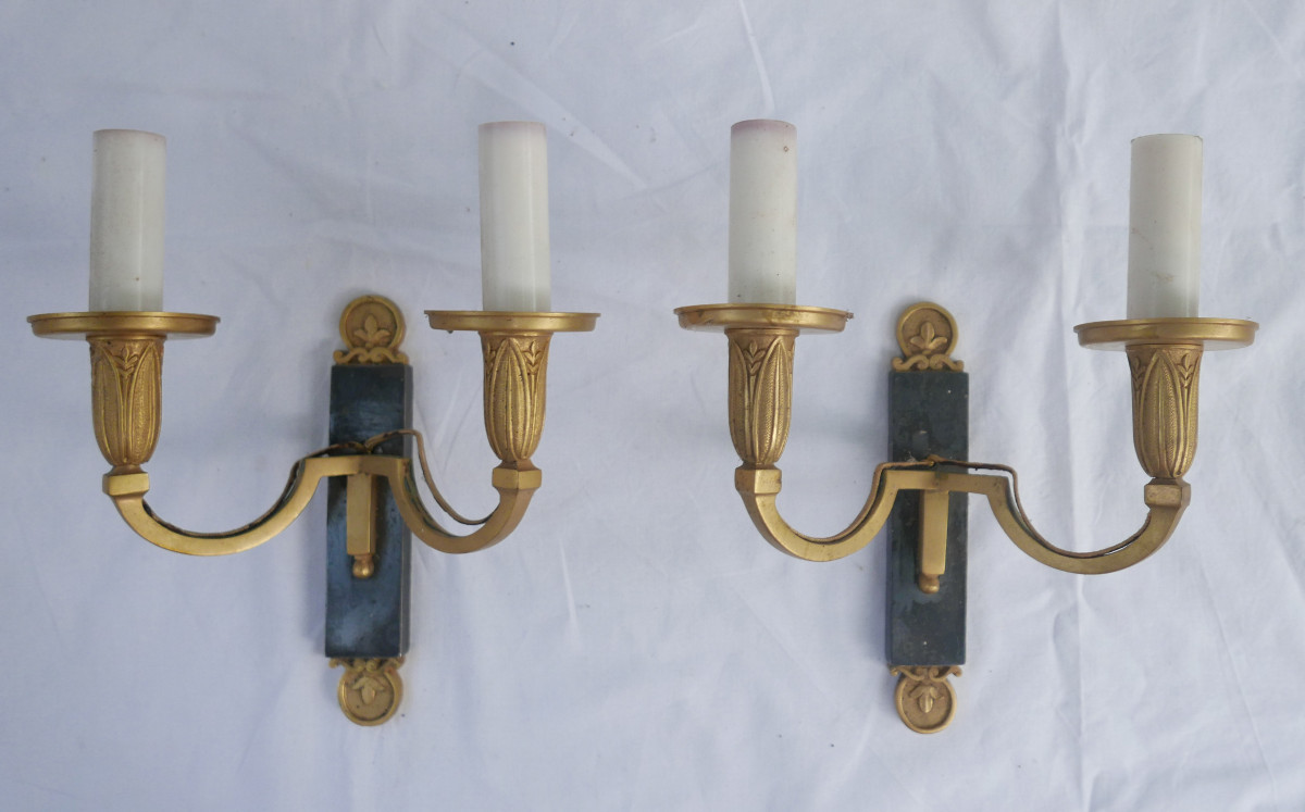 2 Directoire Style Wall Lights In Gilded Bronze And Polished Iron Vintage
