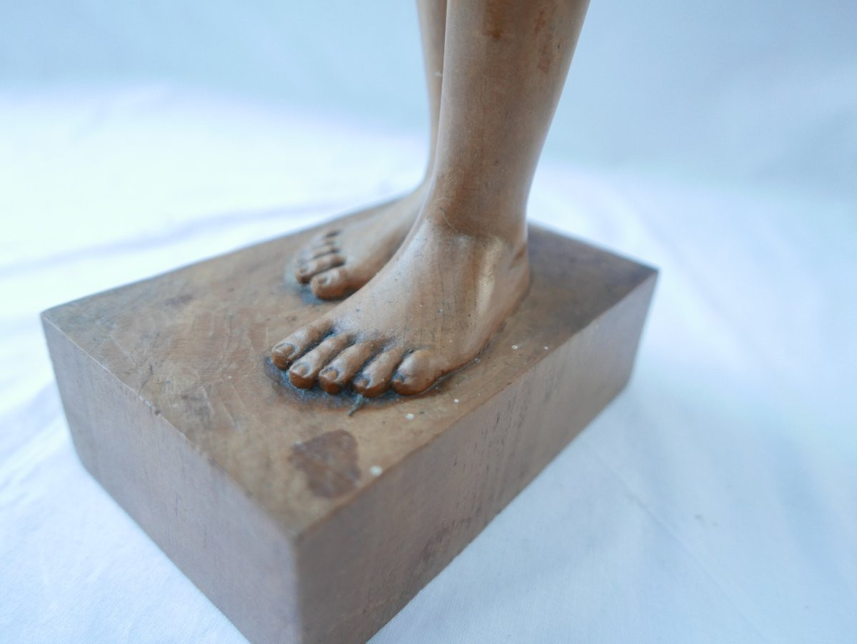 Nude Art Deco Carved Wood Statue Young Girl Throwing-photo-1