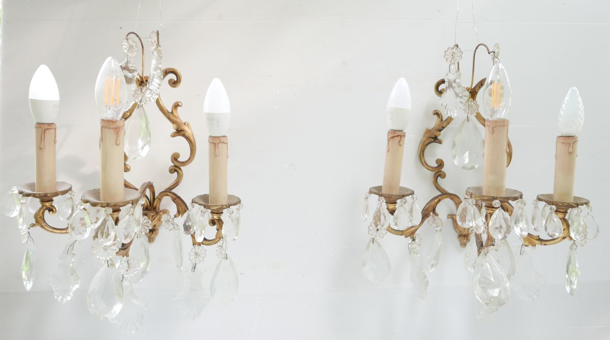 2 Appliques de Style Louis XV en bronze doré et cristal-photo-2