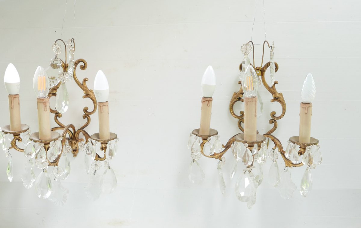 2 Appliques de Style Louis XV en bronze doré et cristal-photo-3