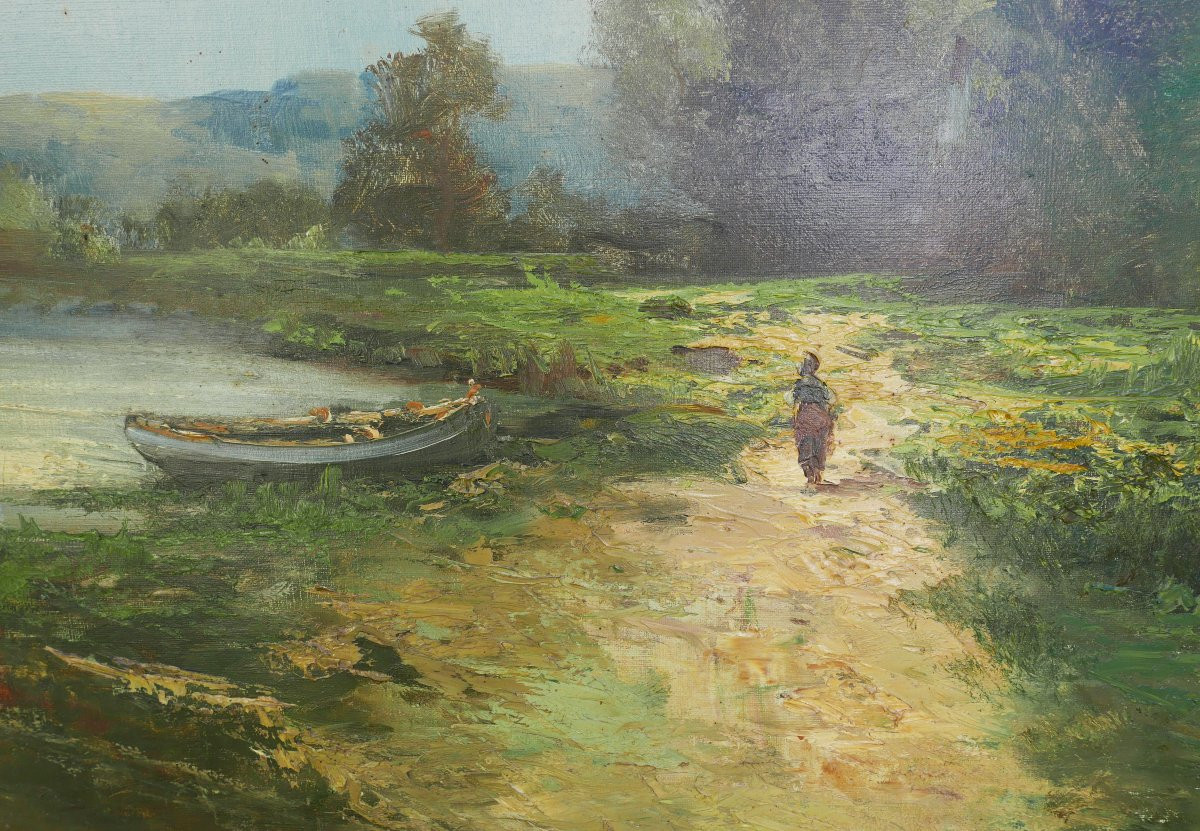 Godchaux Large Landscape Lake Oil/canvas 19th Century Signed-photo-3