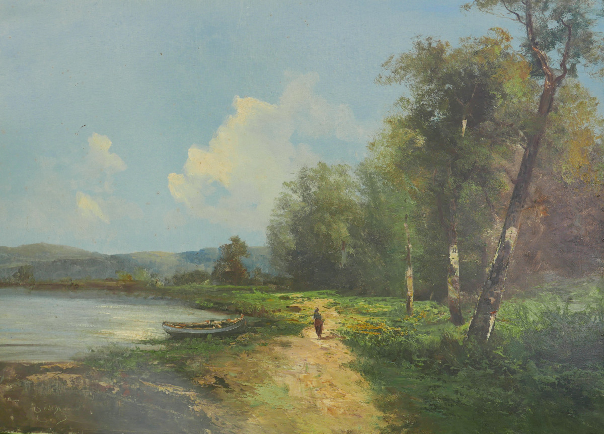 Godchaux Large Landscape Lake Oil/canvas 19th Century Signed