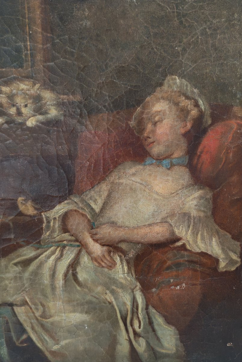 Painting Portrait Of Young Woman With Cat After Colson Oil/canvas From The 18th Century-photo-2