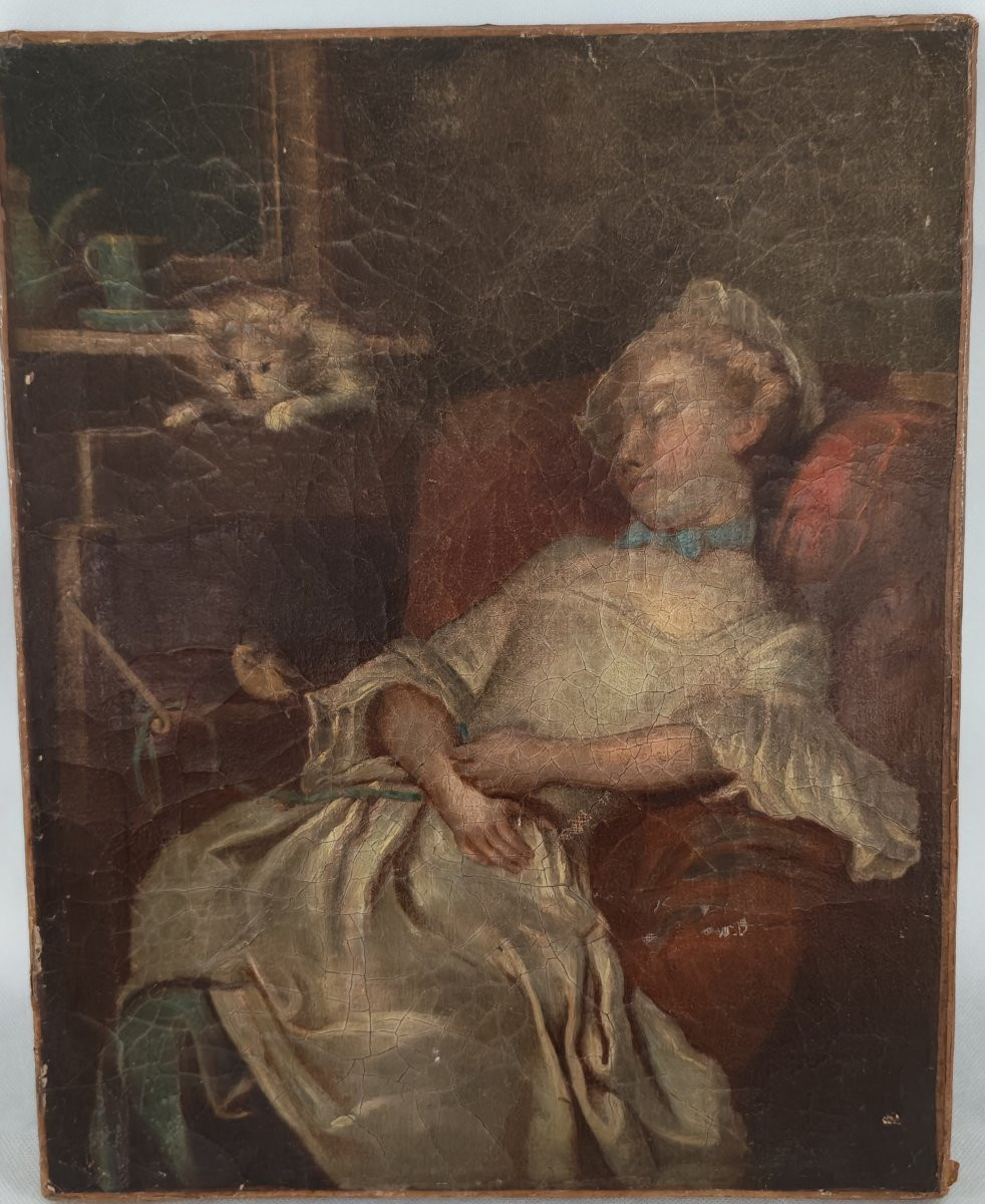 Painting Portrait Of Young Woman With Cat After Colson Oil/canvas From The 18th Century-photo-3