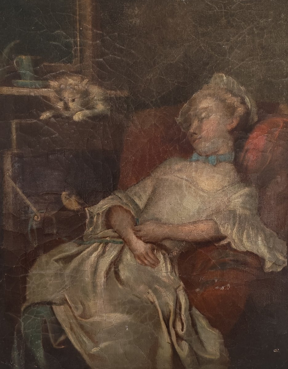 Painting Portrait Of Young Woman With Cat After Colson Oil/canvas From The 18th Century-photo-4