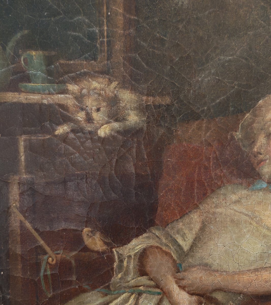 Painting Portrait Of Young Woman With Cat After Colson Oil/canvas From The 18th Century-photo-1