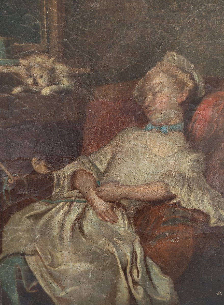 Painting Portrait Of Young Woman With Cat After Colson Oil/canvas From The 18th Century-photo-3