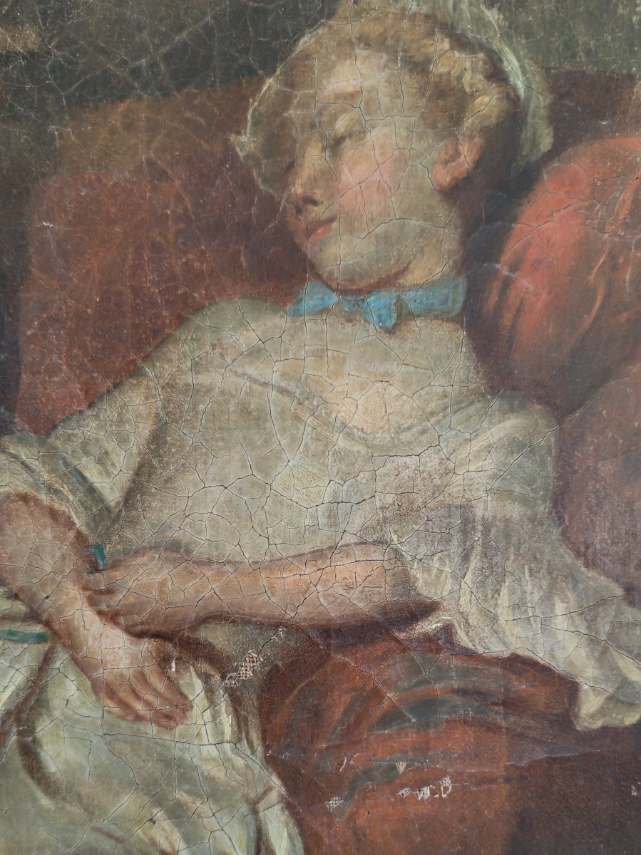Painting Portrait Of Young Woman With Cat After Colson Oil/canvas From The 18th Century-photo-5