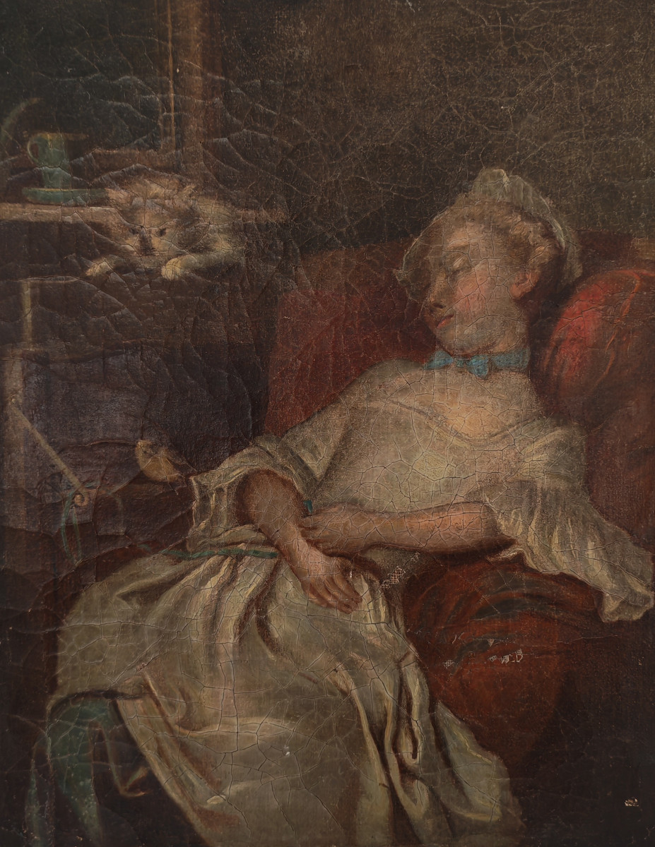 Painting Portrait Of Young Woman With Cat After Colson Oil/canvas From The 18th Century