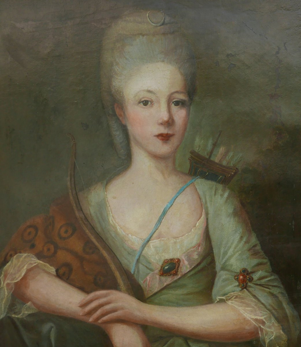 Portrait de Femme Diane Chasseresse Huile/Toile du XVIIIème siècle-photo-4