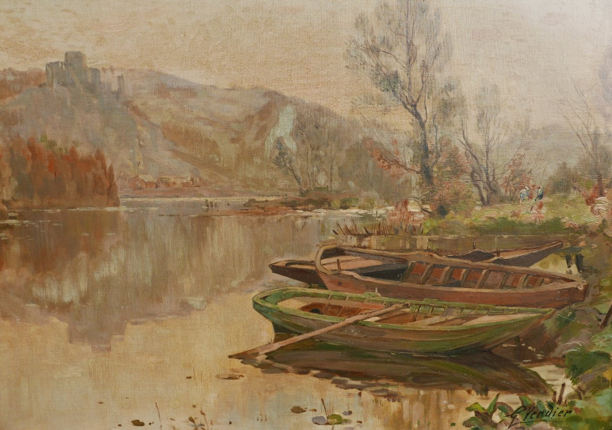 Verdier Painting Landscape Boats Lake In Mountains Oil/canvas Late 19th Century-photo-2