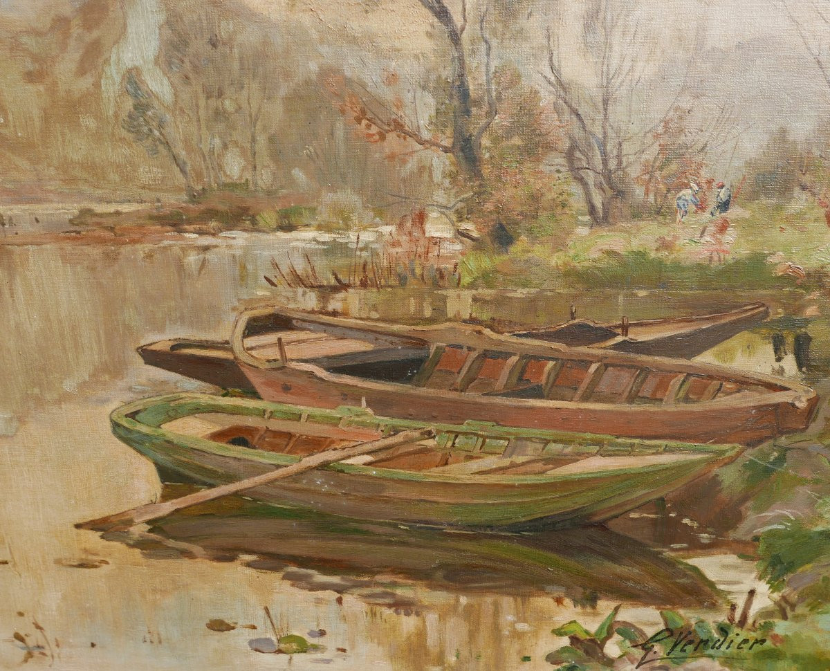 Verdier Painting Landscape Boats Lake In Mountains Oil/canvas Late 19th Century-photo-3