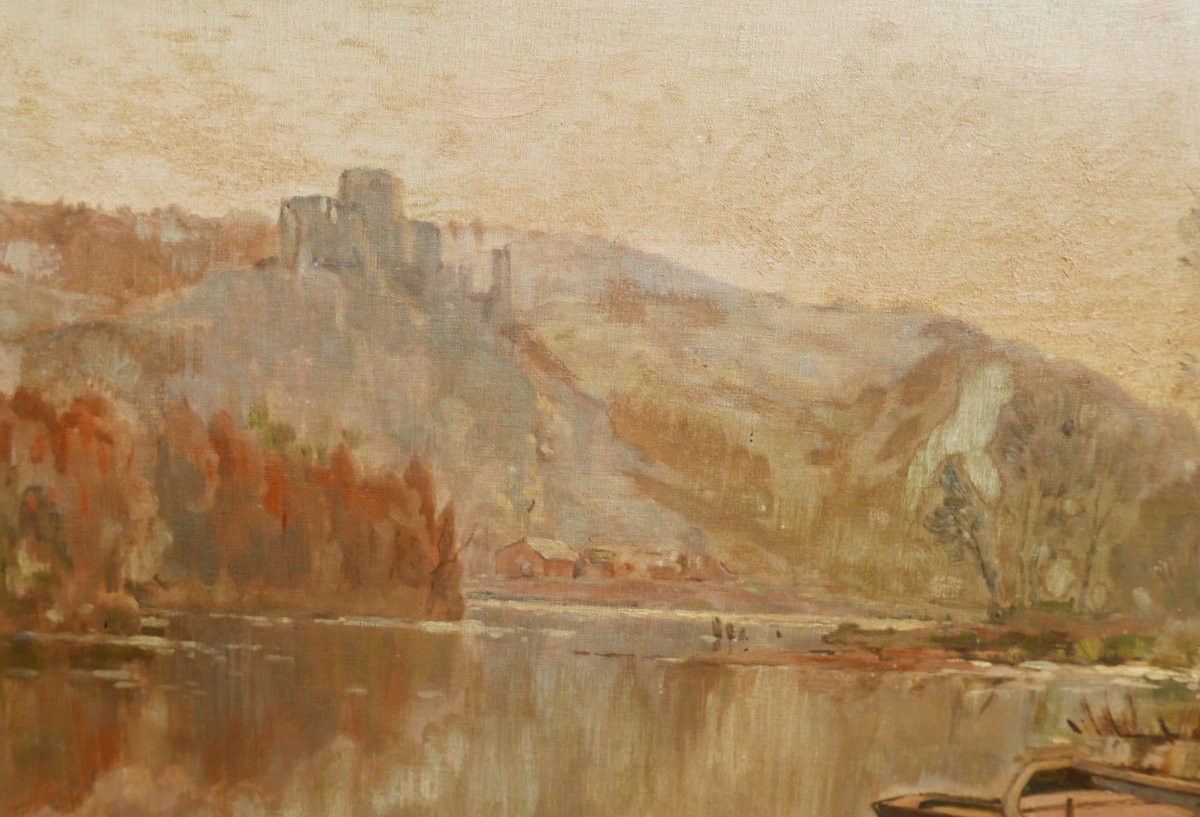 Verdier Painting Landscape Boats Lake In Mountains Oil/canvas Late 19th Century-photo-2