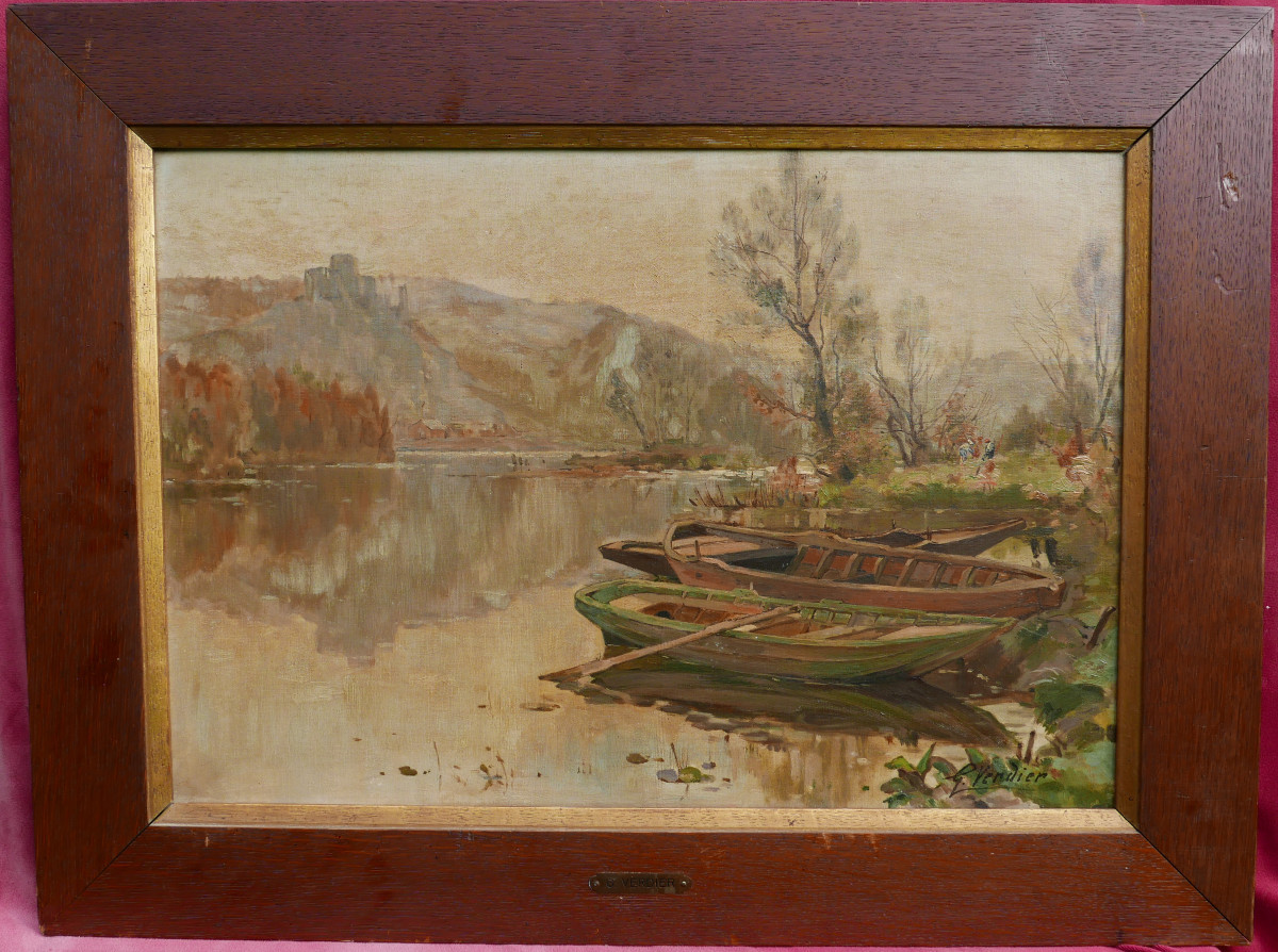 Verdier Painting Landscape Boats Lake In Mountains Oil/canvas Late 19th Century
