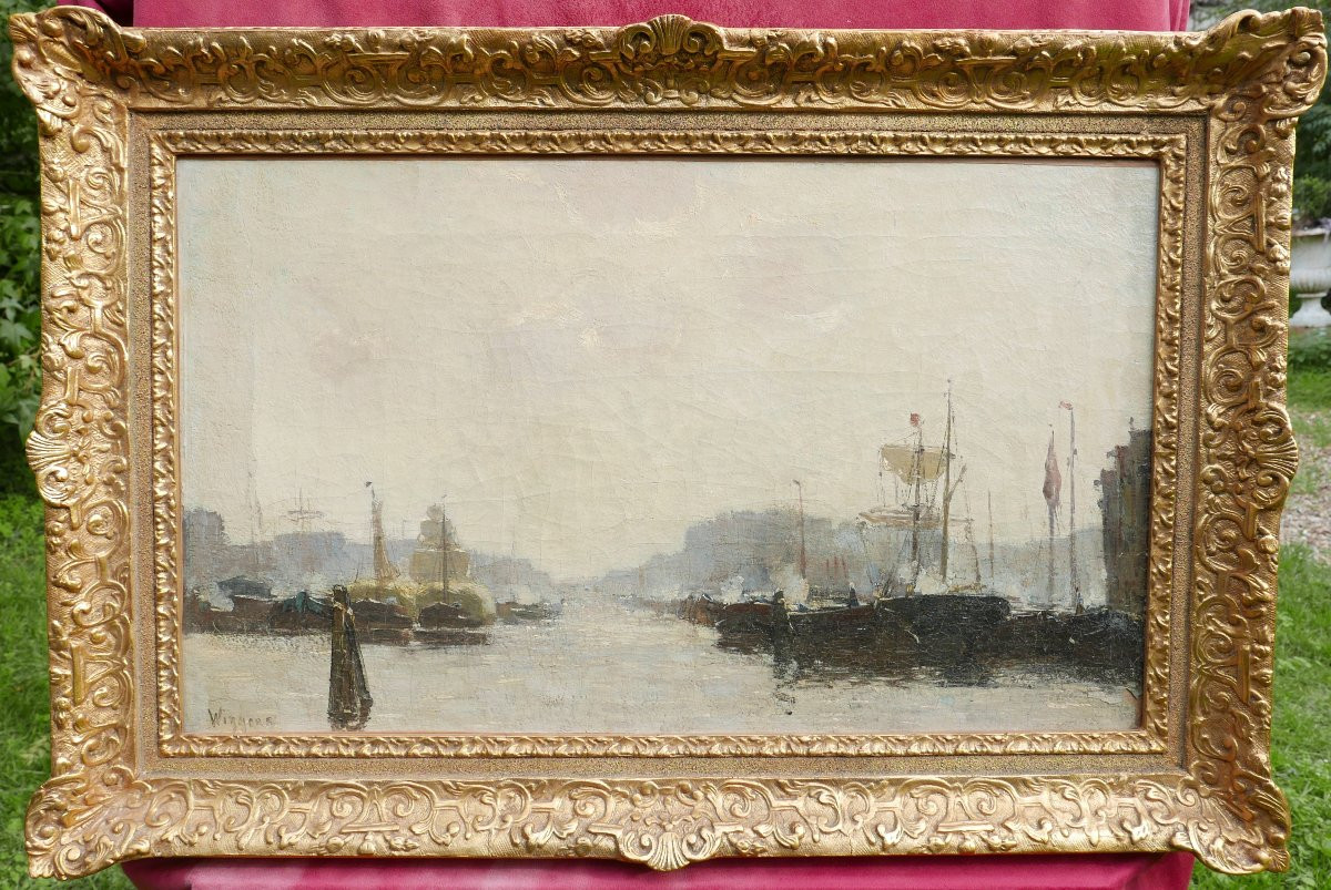 Dirk Wiggers Grande Marine Vue Portuaire Huile/Toile du XXe siècle Signé-photo-2