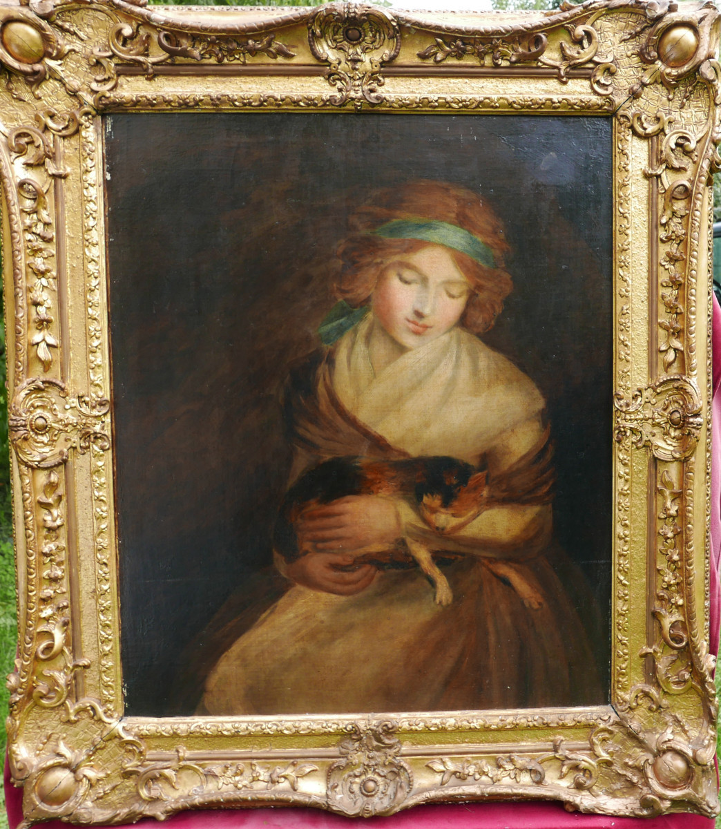 Grand Portrait de Jeune Femme au Chat Huile/Toile fin XVIIIème siècle