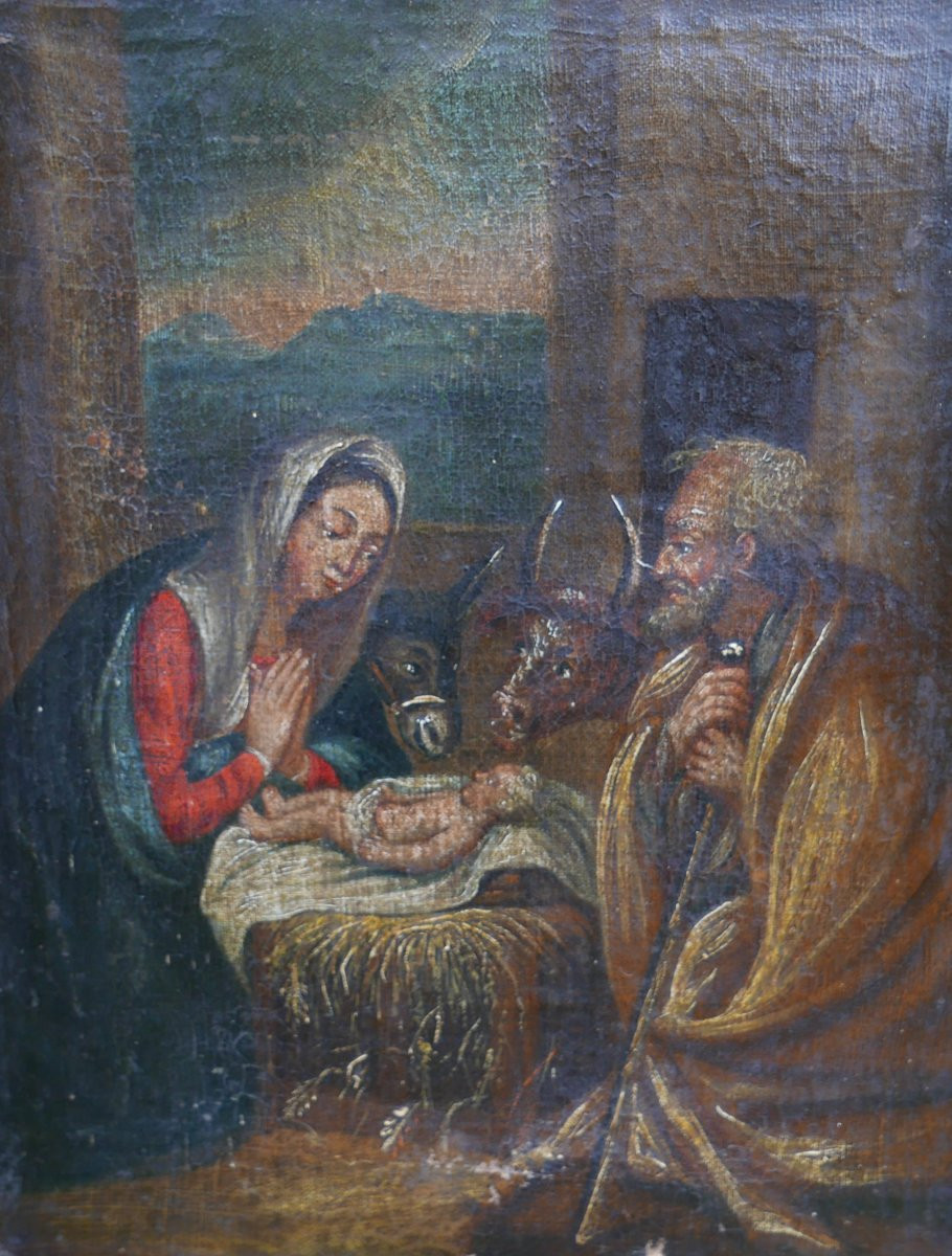 Scène de Genre Crèche Naissance du Christ Huile/Toile du XVIIIème siècle-photo-2