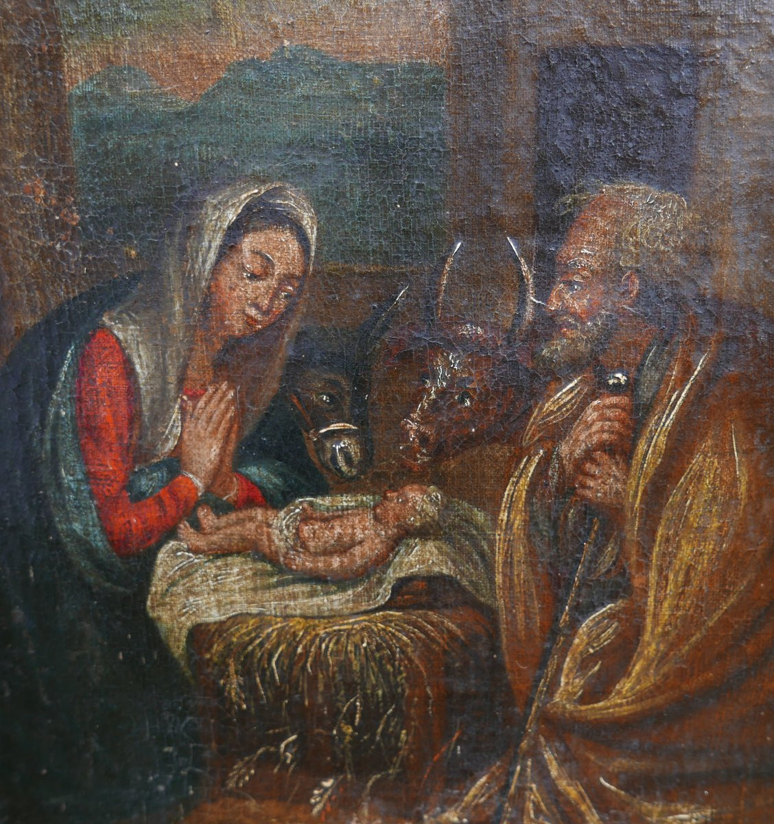 Scène de Genre Crèche Naissance du Christ Huile/Toile du XVIIIème siècle-photo-3