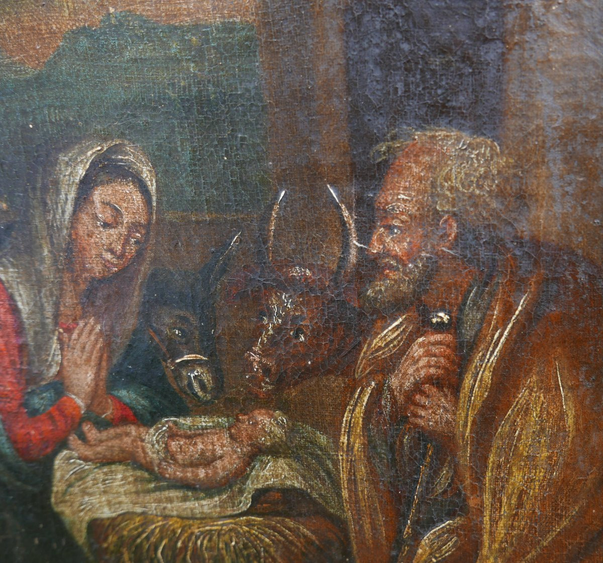 Scène de Genre Crèche Naissance du Christ Huile/Toile du XVIIIème siècle-photo-4