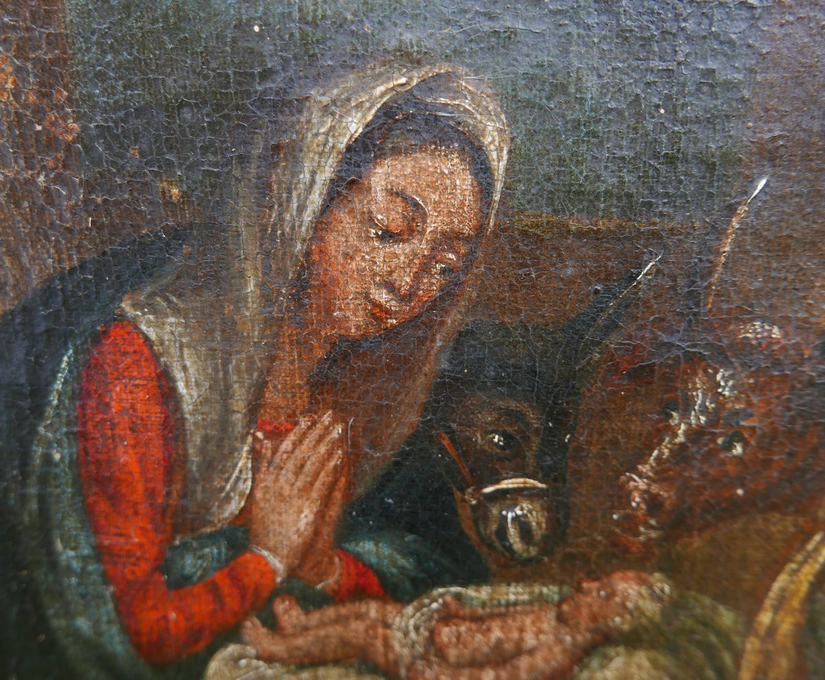 Scène de Genre Crèche Naissance du Christ Huile/Toile du XVIIIème siècle-photo-1