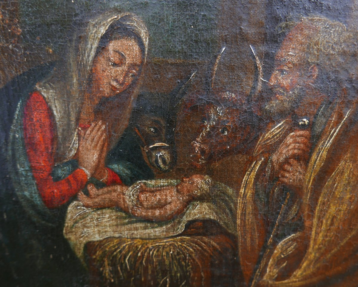 Scène de Genre Crèche Naissance du Christ Huile/Toile du XVIIIème siècle-photo-4