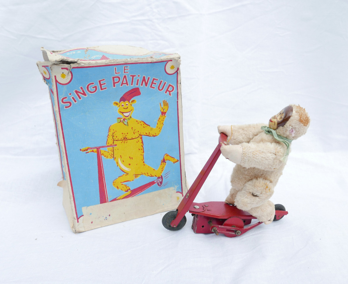 Antique Mechanical Skating Monkey Toy 20th Century
