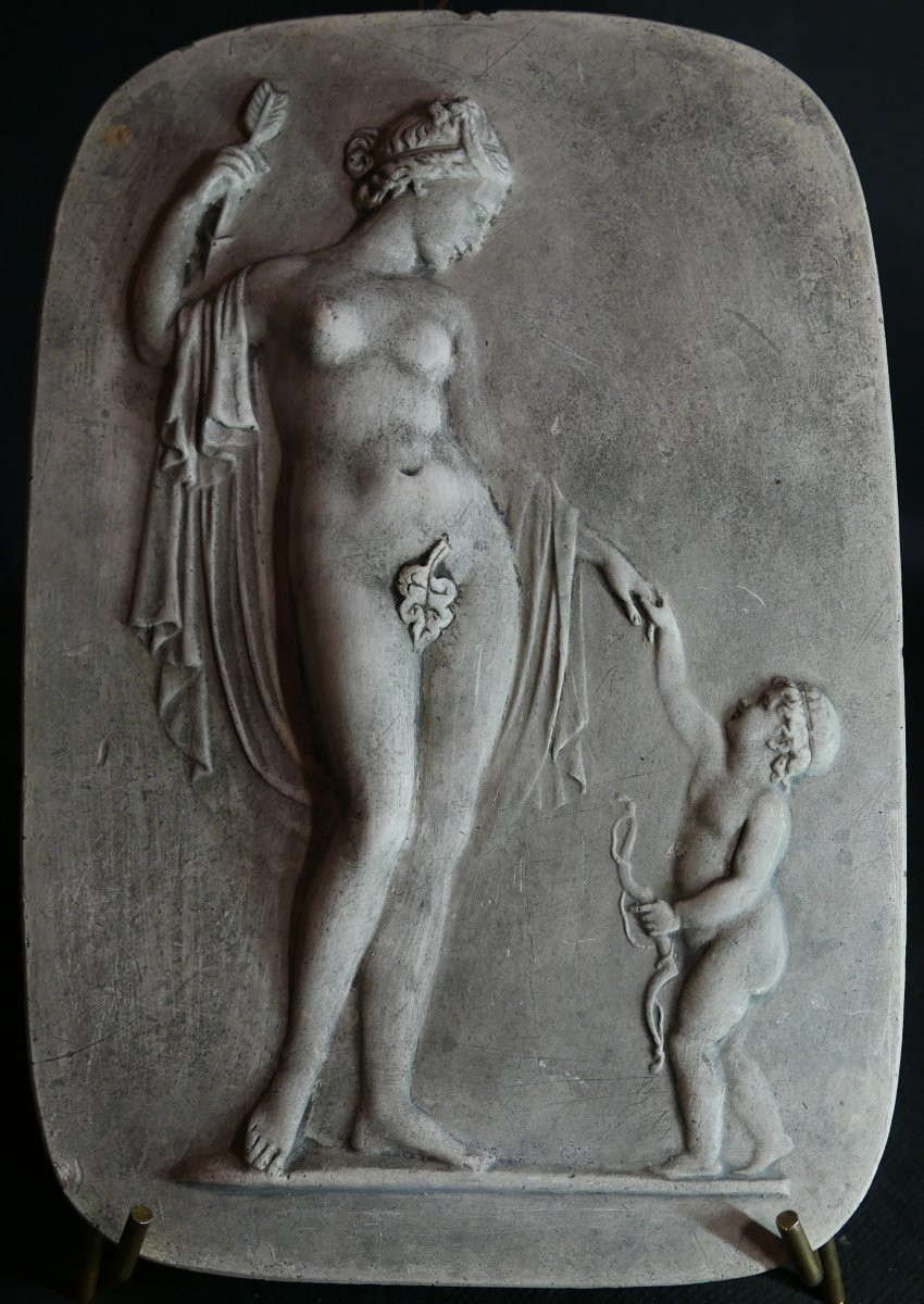 Auguste Follon Rectangular Plaster Plaque Venus And Cupid Nevers 1881-photo-2