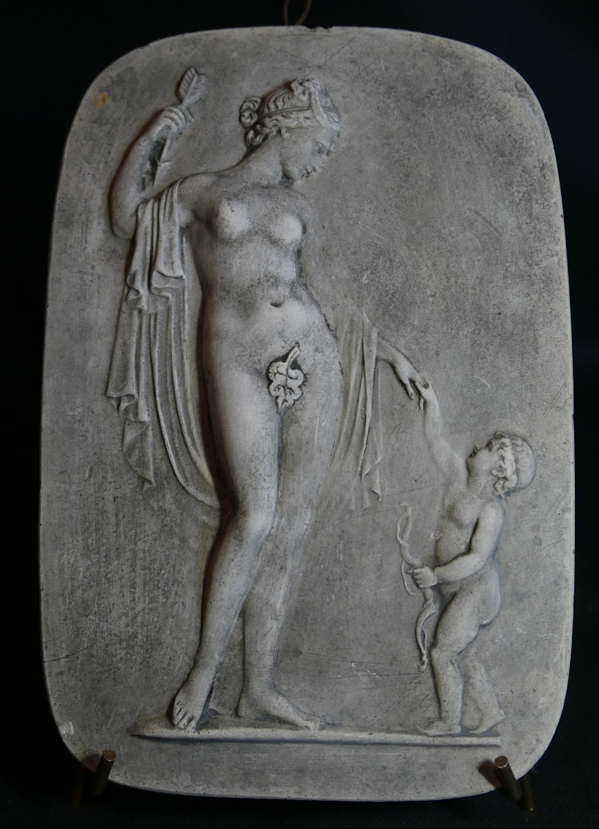 Auguste Follon Rectangular Plaster Plaque Venus And Cupid Nevers 1881