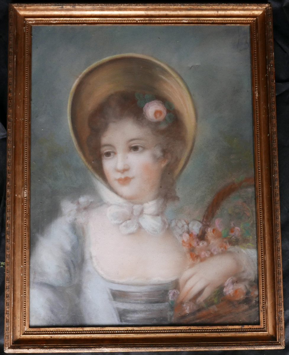 Portrait de Jeune Femme au Chapeau Pastel fin XVIIIème siècle