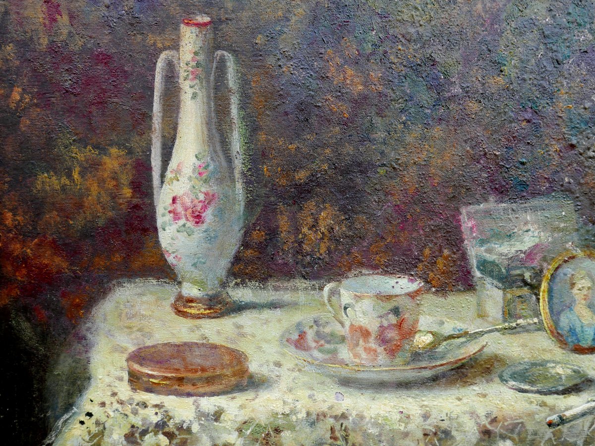 Still Life Table Setting Painting, Oil On Panel, Early 20th Century, Signed-photo-1