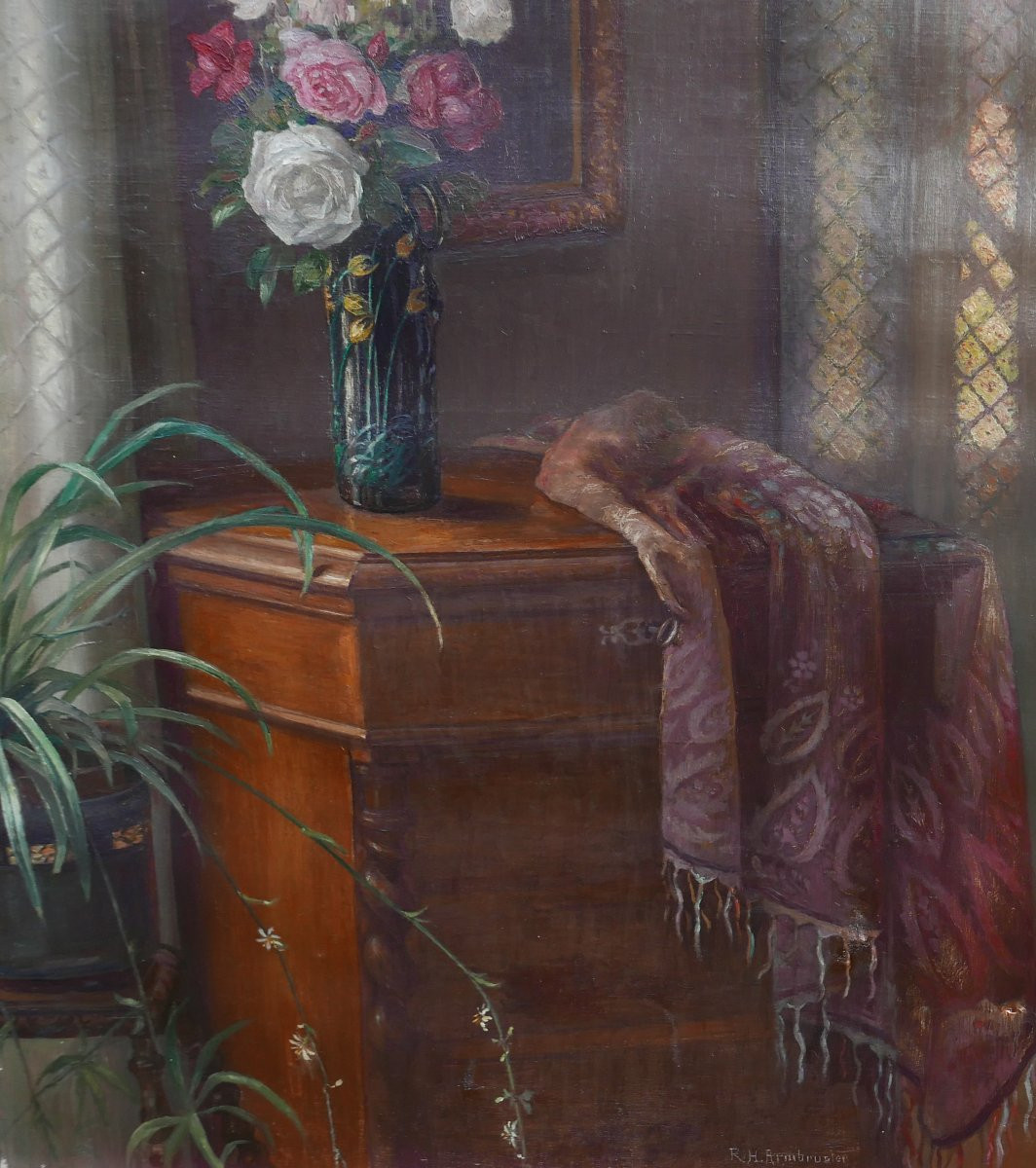 Armbruster Large Still Life Painting Interior Oil On Canvas Late 19th Century-photo-2