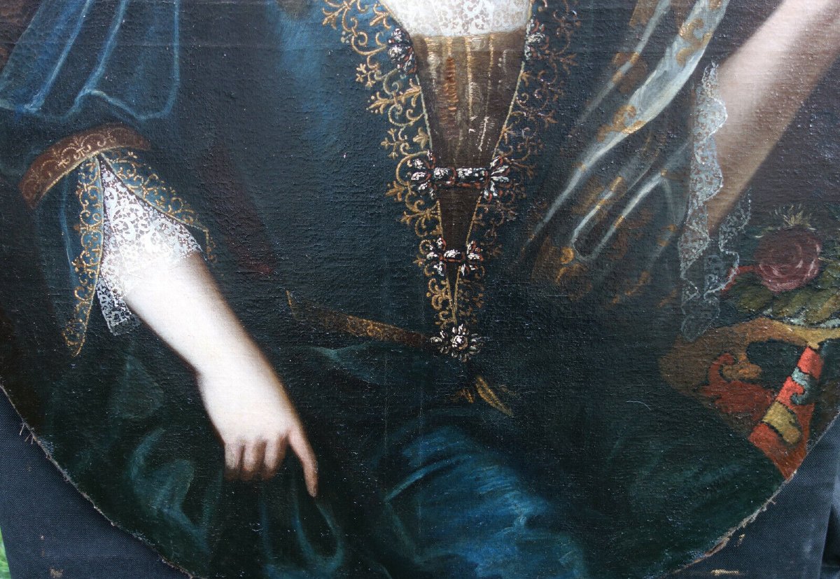 Large Portrait Of A Woman From The Louis XIV Era, Oil On Canvas, 17th Century-photo-1