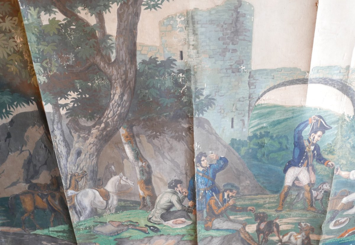Large Genre Scene: Hunters At Rest, 19th Century Linen-backed Wallpaper-photo-2