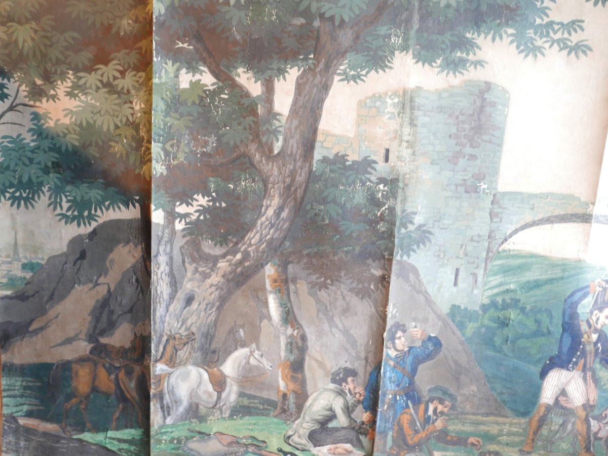 Large Genre Scene: Hunters At Rest, 19th Century Linen-backed Wallpaper-photo-3