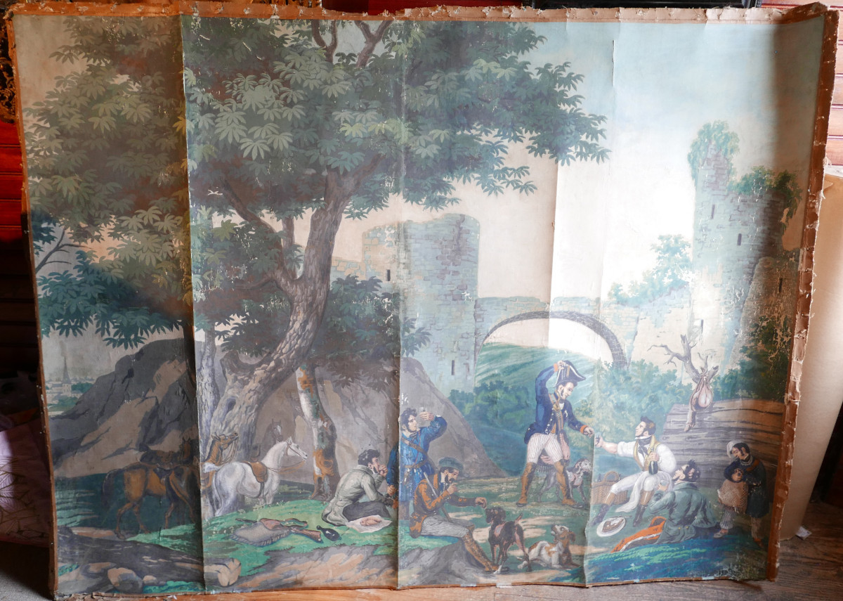 Large Genre Scene: Hunters At Rest, 19th Century Linen-backed Wallpaper