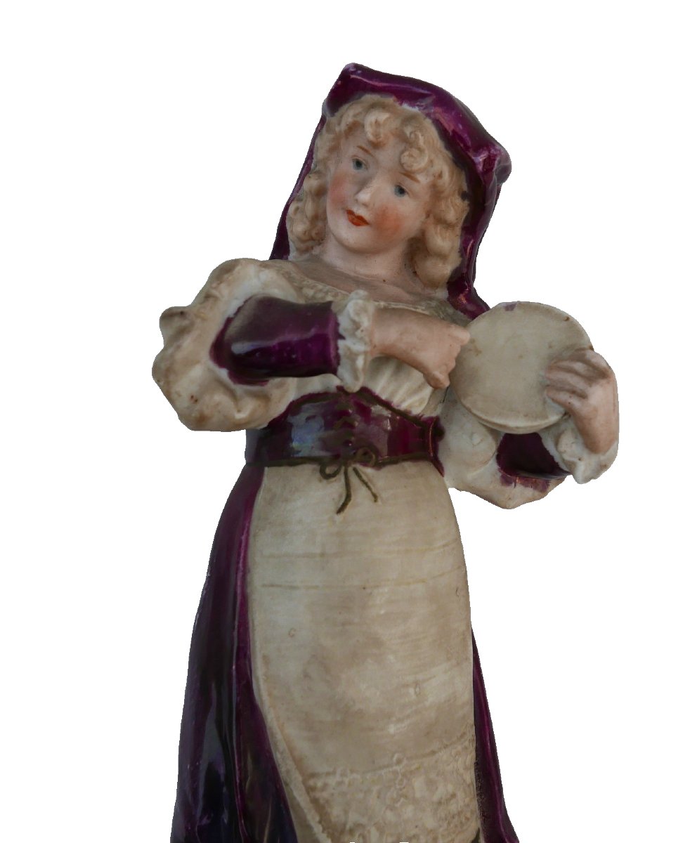 Biscuit Porcelain Young Girl With Tambourine, Early 20th Century-photo-2