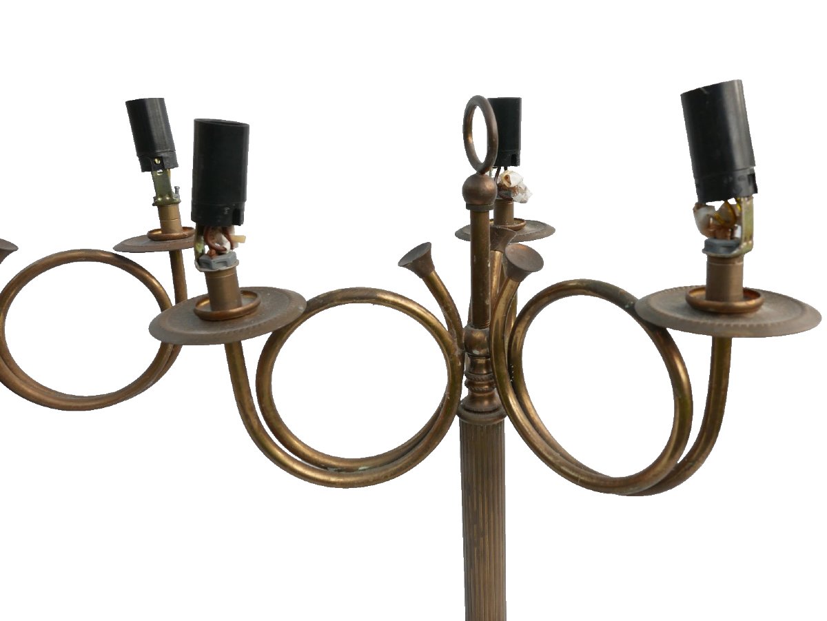 Paire de Pied de Lampe Bouillote aux Cors de Chasse du XXème siècle en Laiton-photo-2