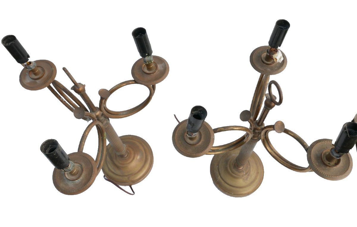 Paire de Pied de Lampe Bouillote aux Cors de Chasse du XXème siècle en Laiton-photo-4