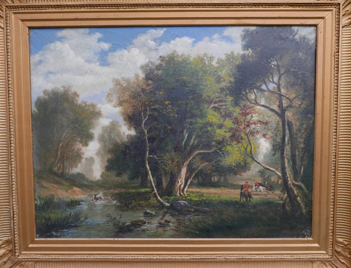 Tableau Scène de Genre Chasse à Courre au Cerf Huile/Toile XIXème Siècle-photo-2