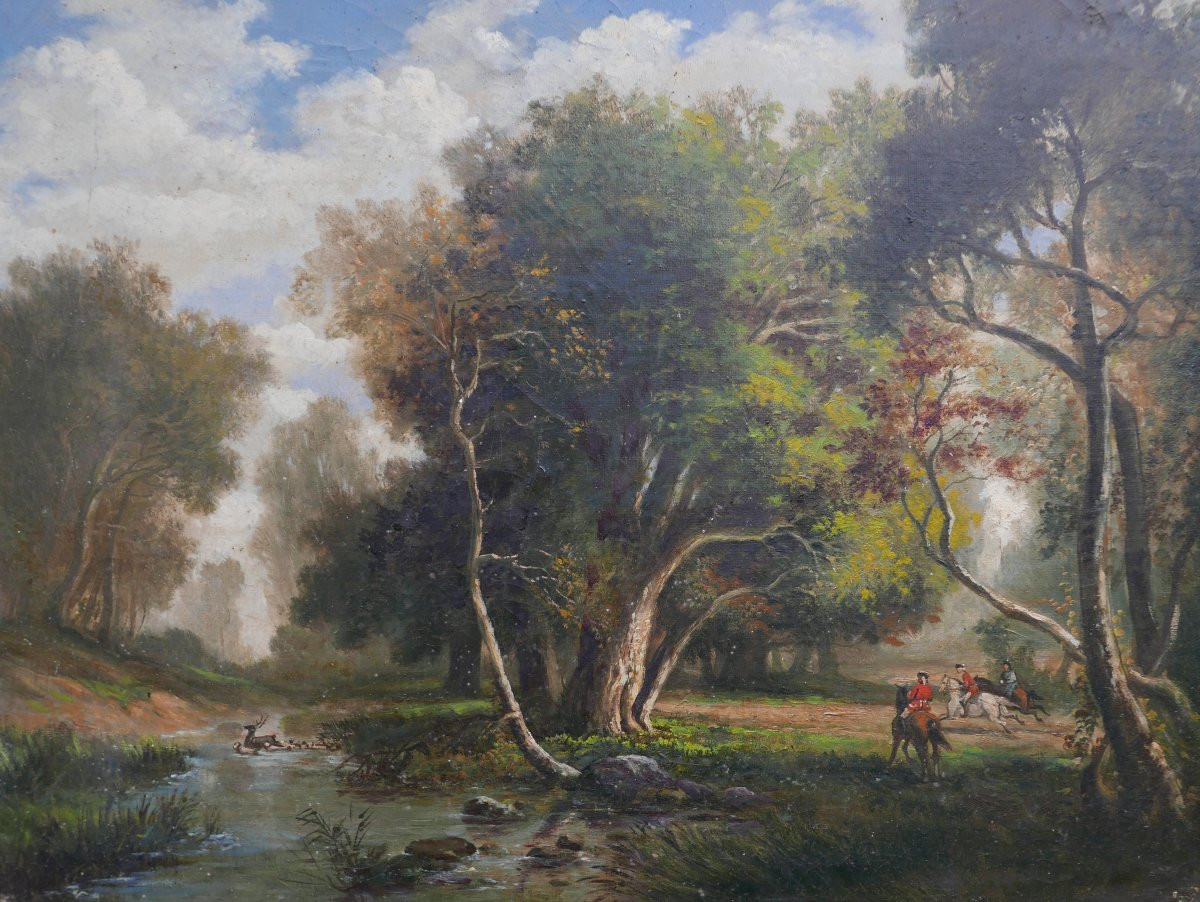 Tableau Scène de Genre Chasse à Courre au Cerf Huile/Toile XIXème Siècle-photo-3