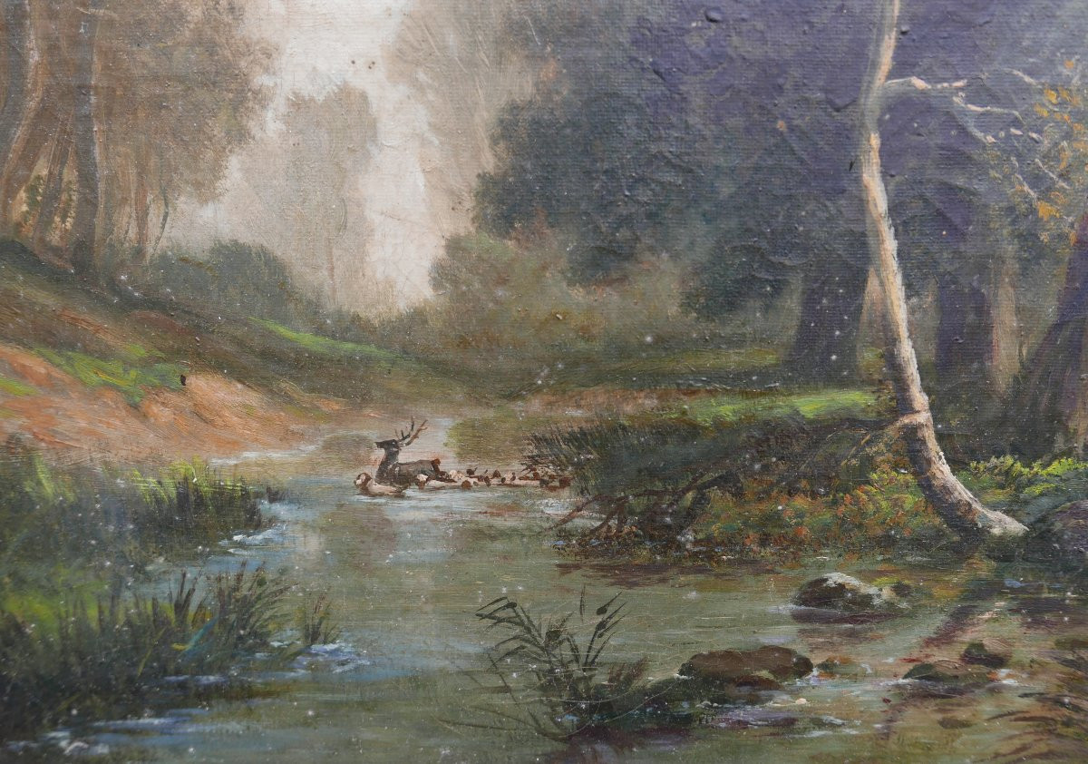 Tableau Scène de Genre Chasse à Courre au Cerf Huile/Toile XIXème Siècle-photo-1