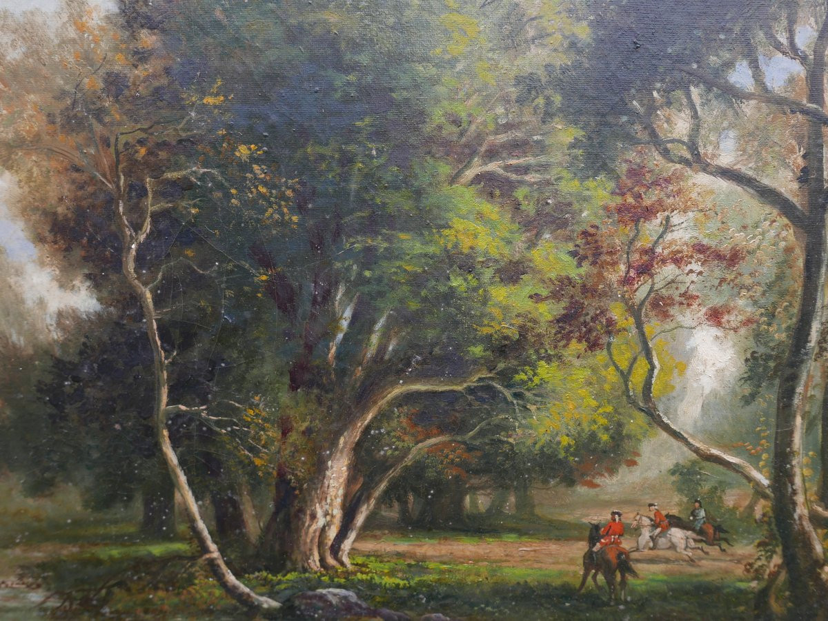 Tableau Scène de Genre Chasse à Courre au Cerf Huile/Toile XIXème Siècle-photo-2