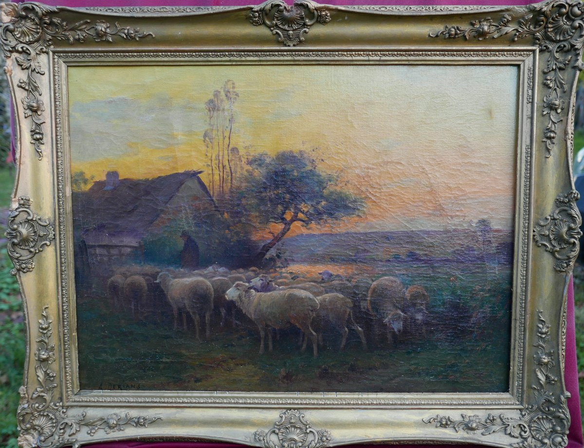 A. Derians, Landscape Painting, Shepherd And His Sheep, Oil On Canvas, Late 19th Century-photo-2