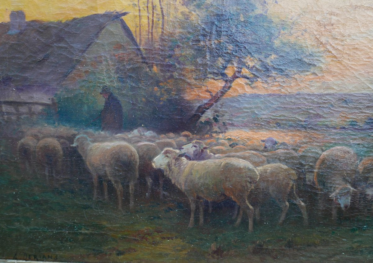 A. Derians, Landscape Painting, Shepherd And His Sheep, Oil On Canvas, Late 19th Century-photo-3