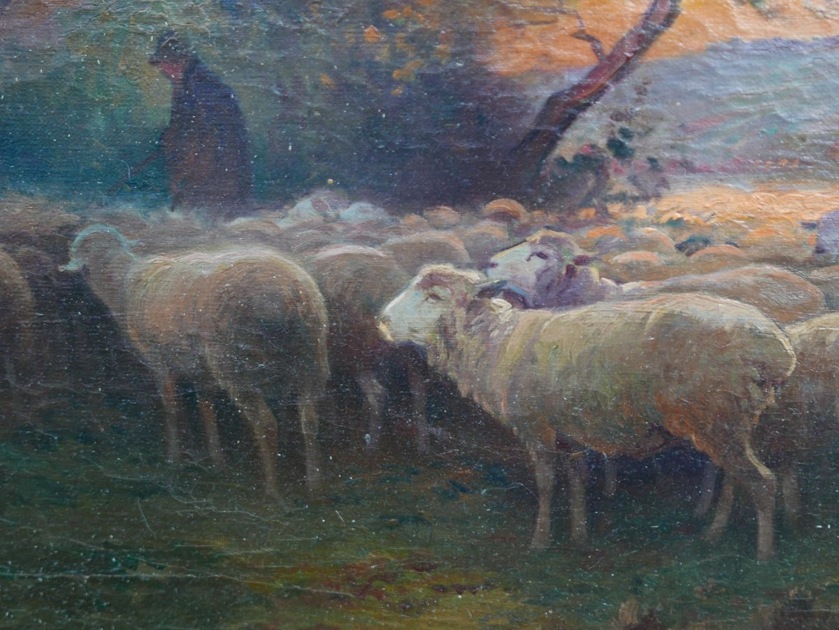 A. Derians, Landscape Painting, Shepherd And His Sheep, Oil On Canvas, Late 19th Century-photo-4